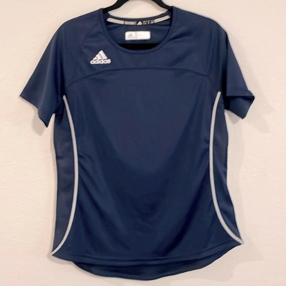 Adidas Women Climacool Top Large Blue White Striped Stretch Activewear Workout